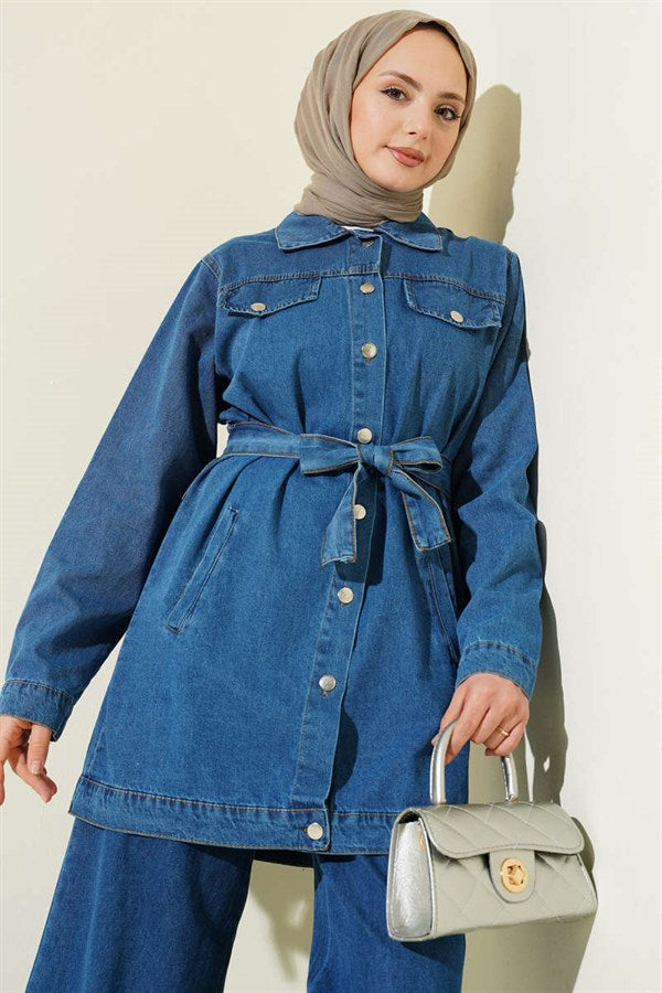 Denim 2 Piece Set with Double Pockets and Belt, Denim Blue