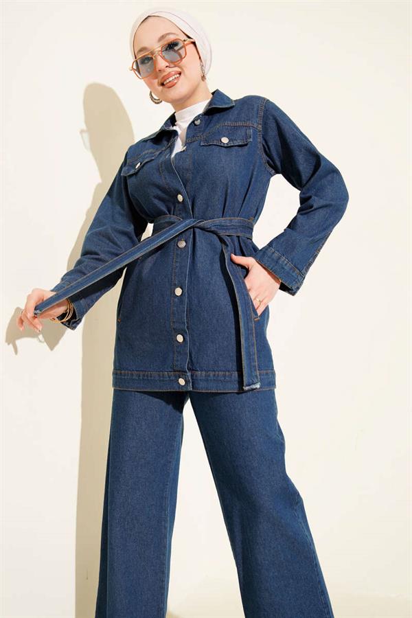 Double Pocket Belted Denim 2 Piece Set, Blue