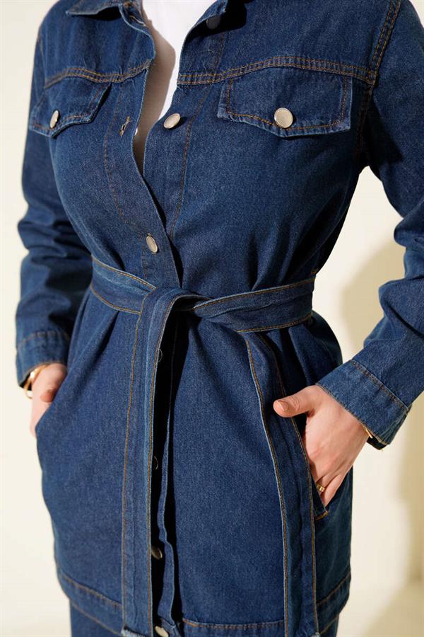 Double Pocket Belted Denim 2 Piece Set, Blue