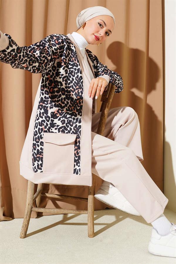 Double Pocket Leopard Print 2 Piece Set Beige