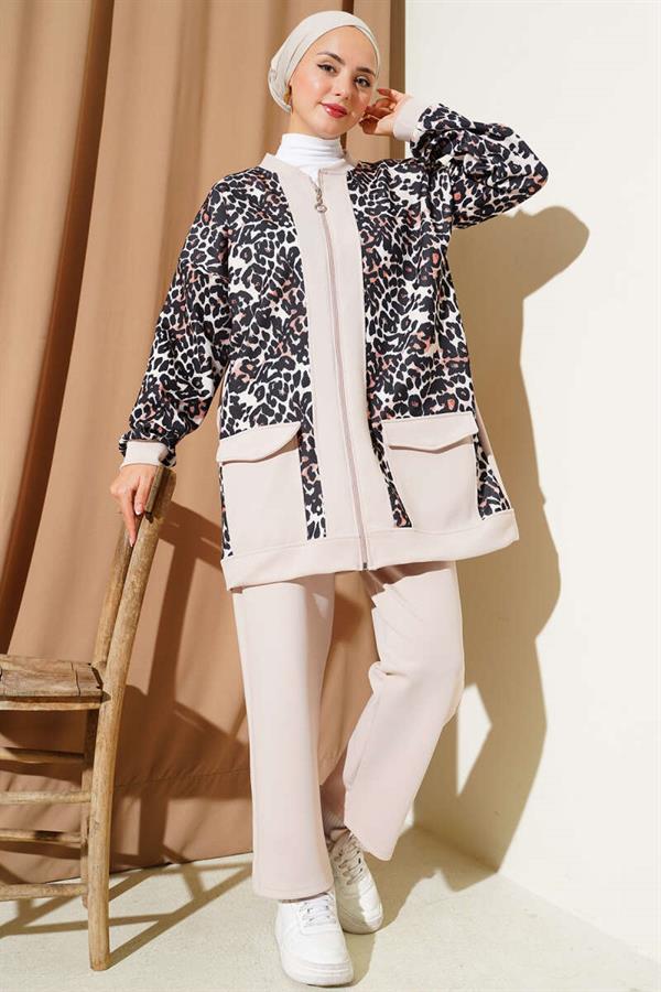 Double Pocket Leopard Print 2 Piece Set Beige