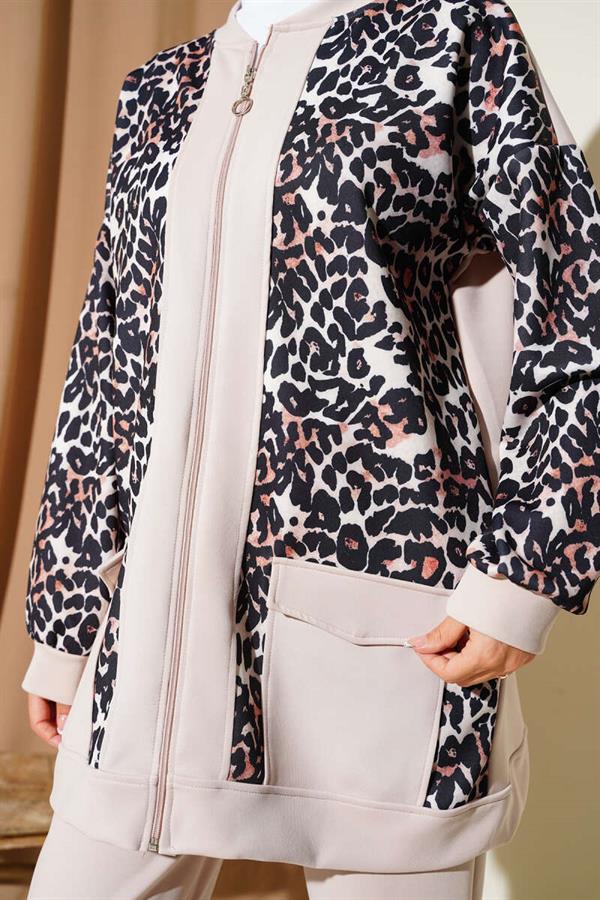 Double Pocket Leopard Print 2 Piece Set Beige