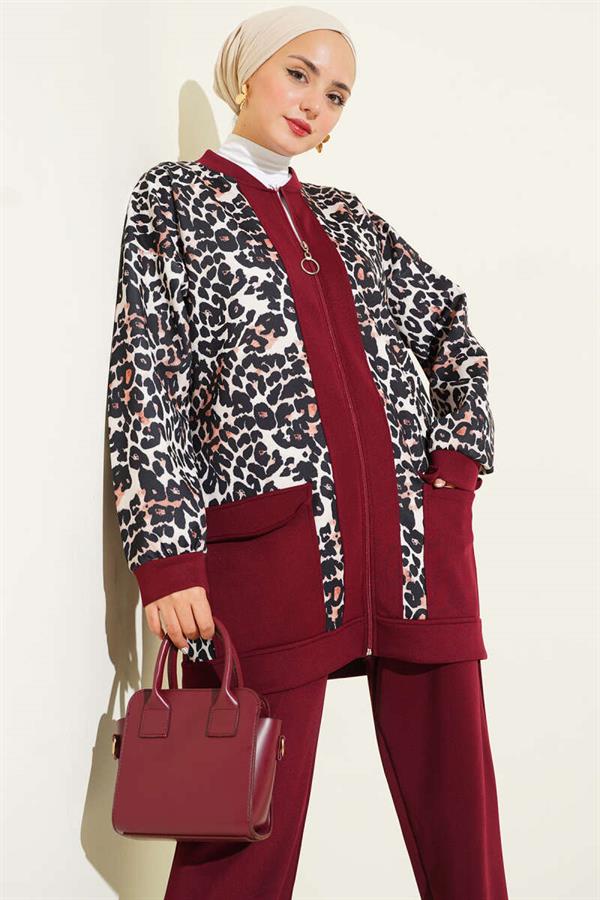 Double Pocket Leopard Garnished 2 Piece Set Claret Red