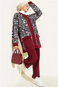 Double Pocket Leopard Garnished 2 Piece Set Claret Red
