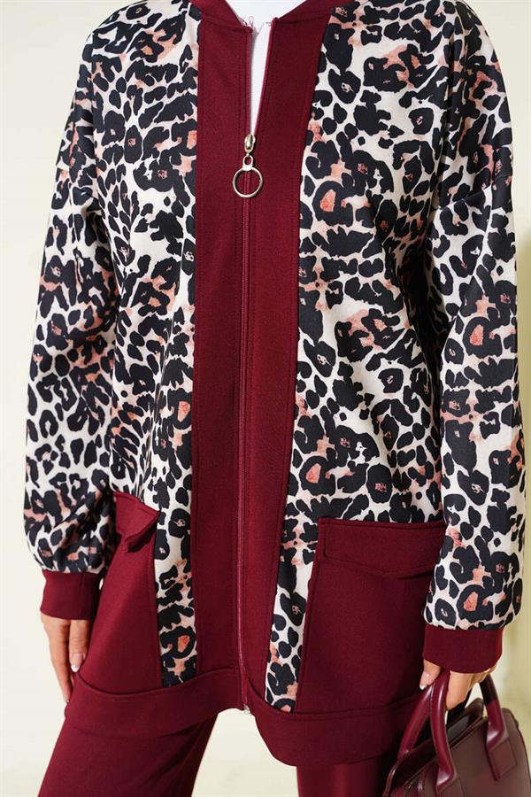 Double Pocket Leopard Garnished 2 Piece Set Claret Red