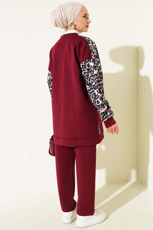 Double Pocket Leopard Garnished 2 Piece Set Claret Red