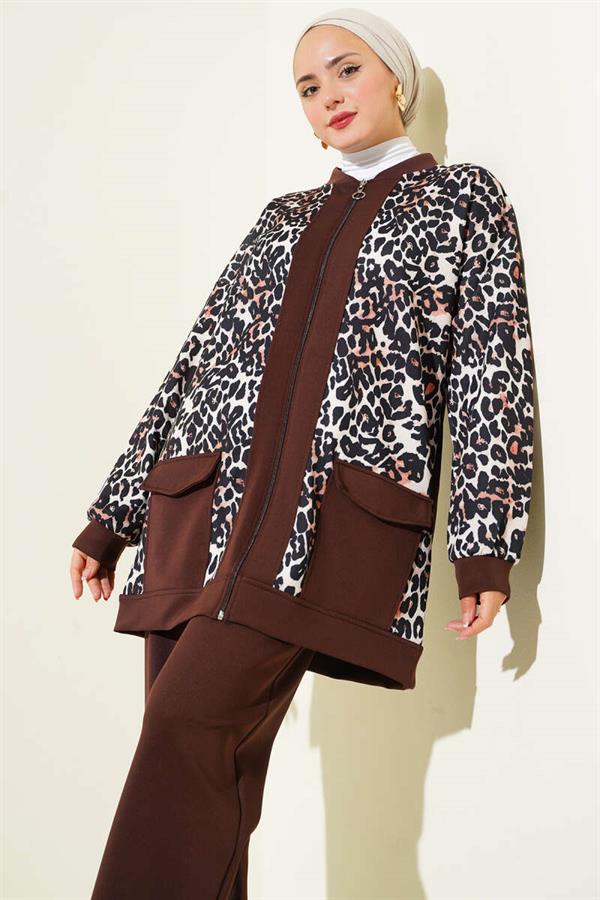 Leopard Printed 2 Piece Set with Double Pockets and Brown