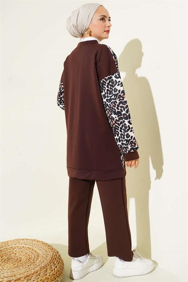 Leopard Printed 2 Piece Set with Double Pockets and Brown