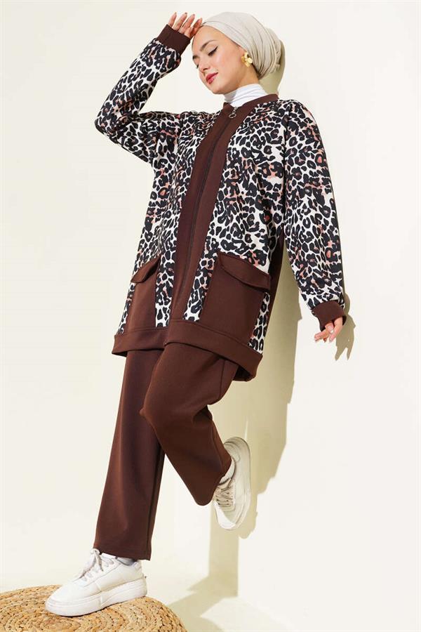 Leopard Printed 2 Piece Set with Double Pockets and Brown