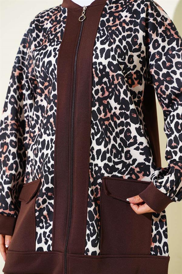 Leopard Printed 2 Piece Set with Double Pockets and Brown