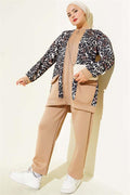 Leopard Garnished Double Pocket 2 Piece Set Latte