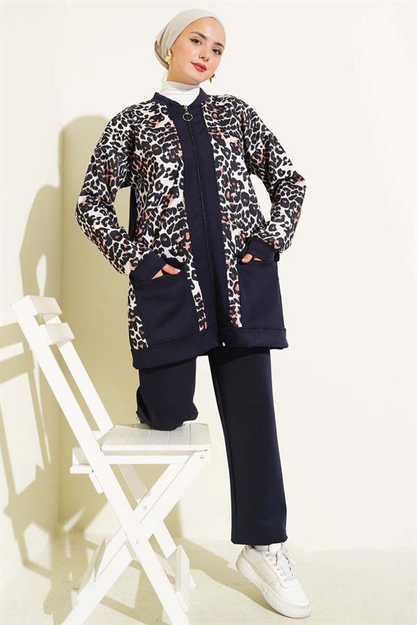 Leopard Printed 2 Piece Set with Double Pockets, Navy Blue