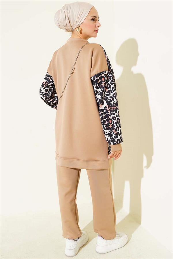 Leopard Garnished Double Pocket 2 Piece Set Latte