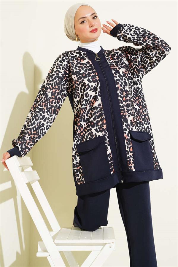 Leopard Printed 2 Piece Set with Double Pockets, Navy Blue