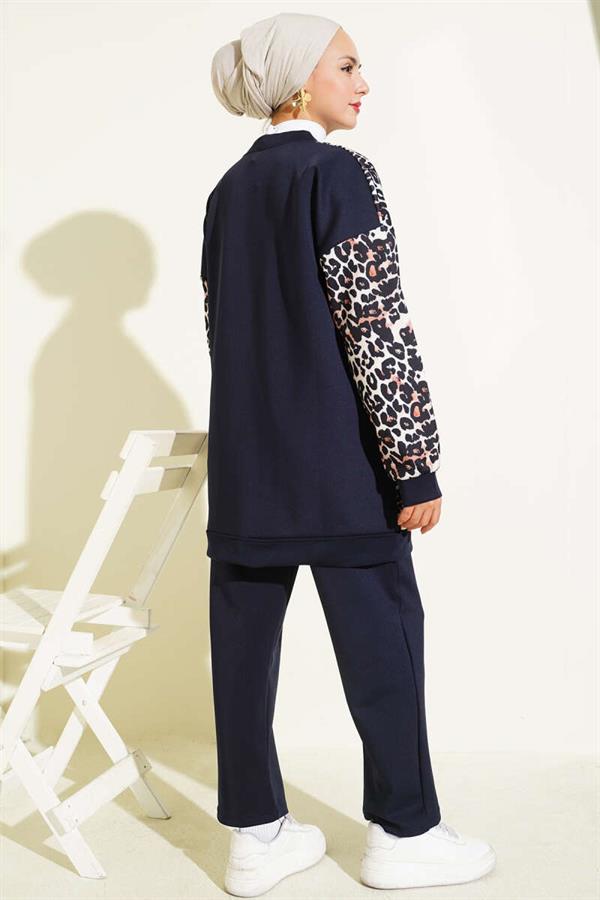 Leopard Printed 2 Piece Set with Double Pockets, Navy Blue