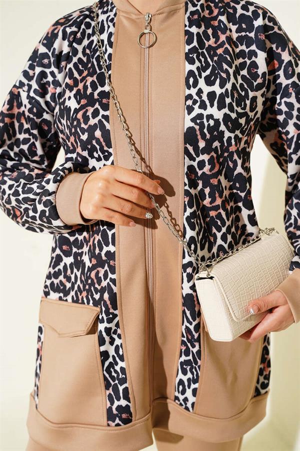 Leopard Garnished Double Pocket 2 Piece Set Latte