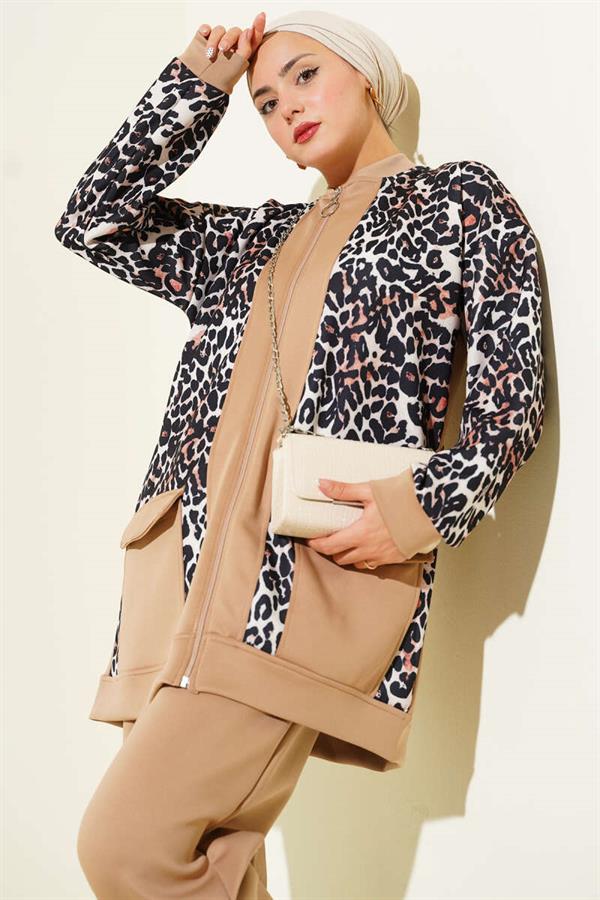 Leopard Garnished Double Pocket 2 Piece Set Latte