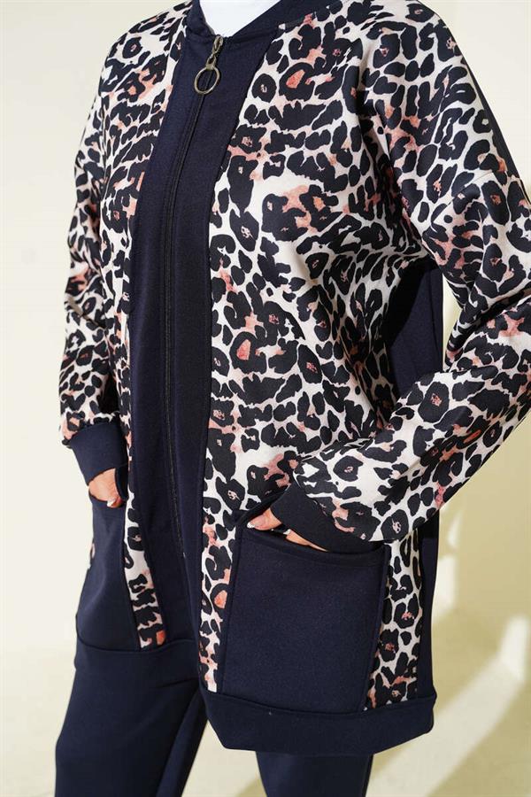 Leopard Printed 2 Piece Set with Double Pockets, Navy Blue