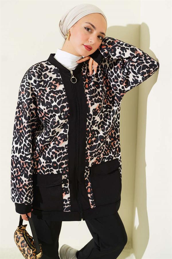 Leopard Printed 2 Piece Set with Double Pockets, Black