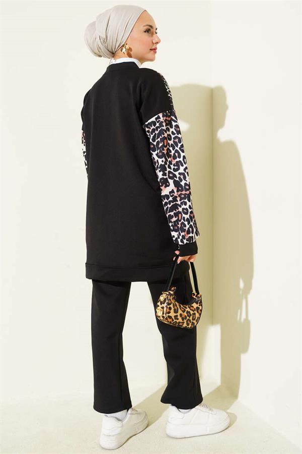 Leopard Printed 2 Piece Set with Double Pockets, Black