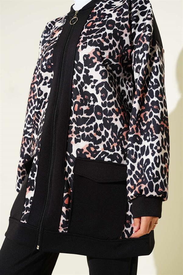 Leopard Printed 2 Piece Set with Double Pockets, Black