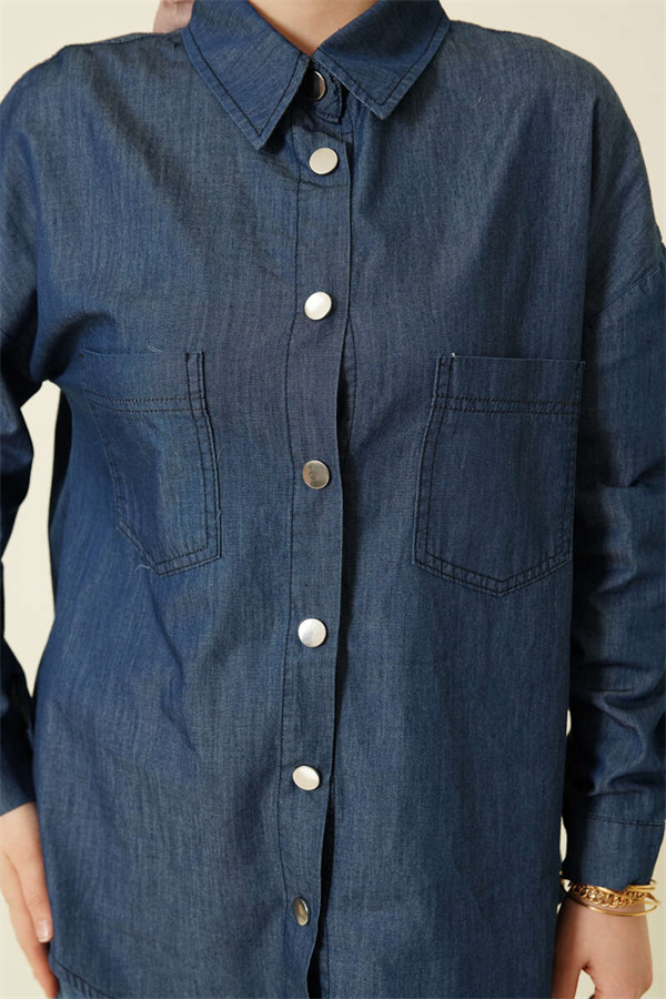 Navy Blue Shirt with Double Pockets and Metal Buttons