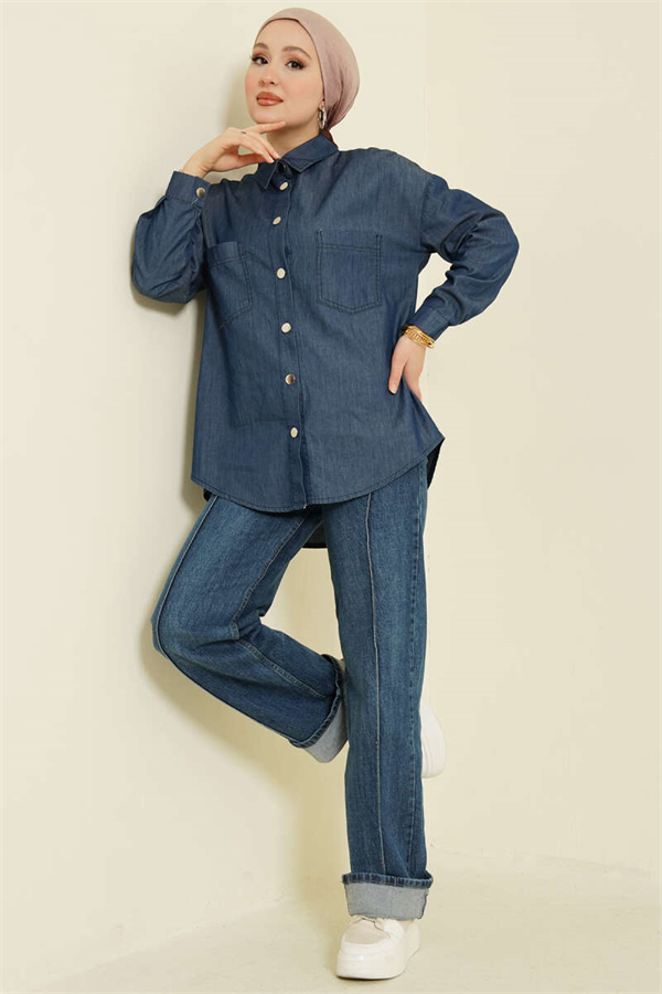 Navy Blue Shirt with Double Pockets and Metal Buttons