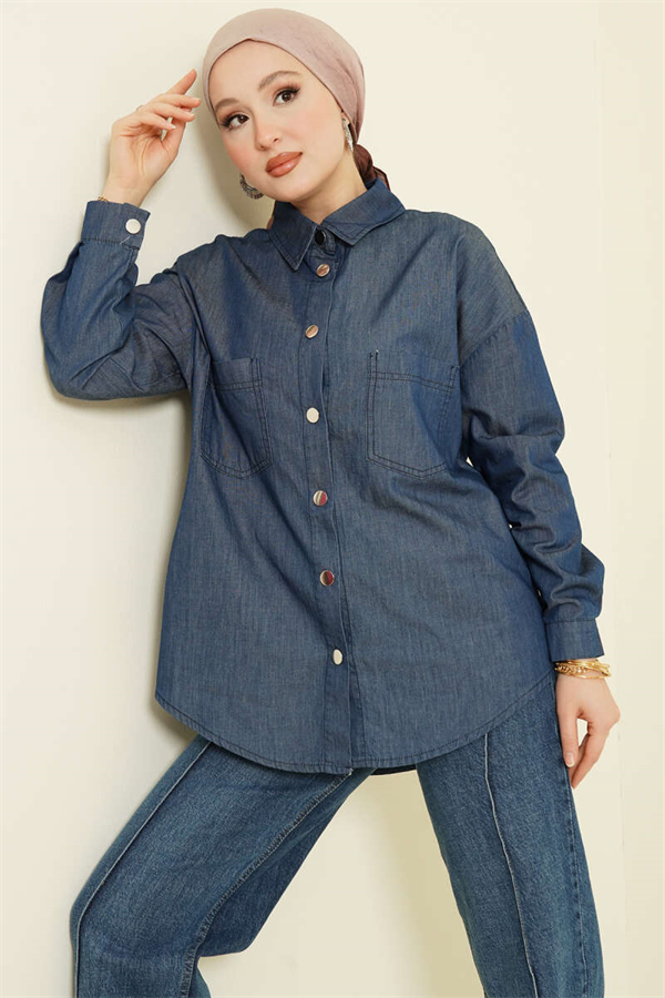 Navy Blue Shirt with Double Pockets and Metal Buttons