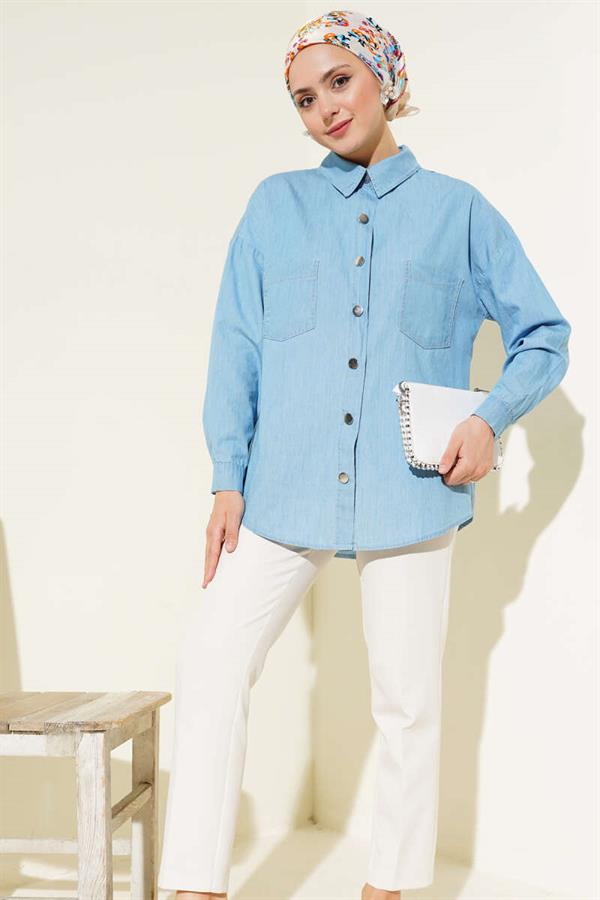 Double Pocket Metal Buttoned Shirt Blue