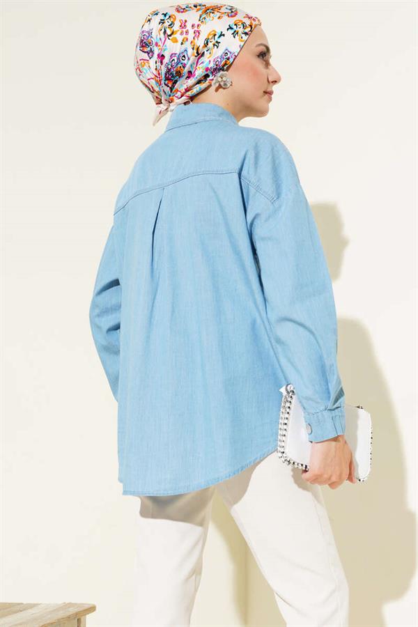 Double Pocket Metal Buttoned Shirt Blue
