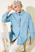 Double Pocket Metal Buttoned Shirt Blue
