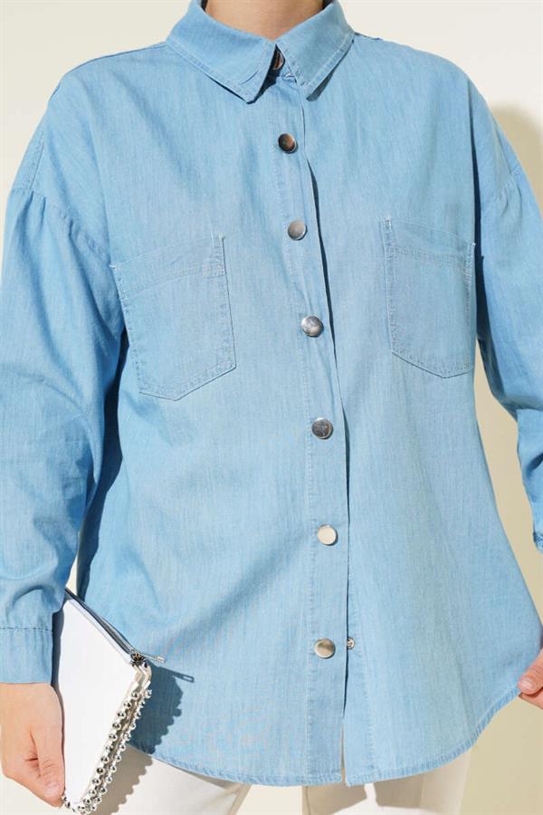 Double Pocket Metal Buttoned Shirt Blue