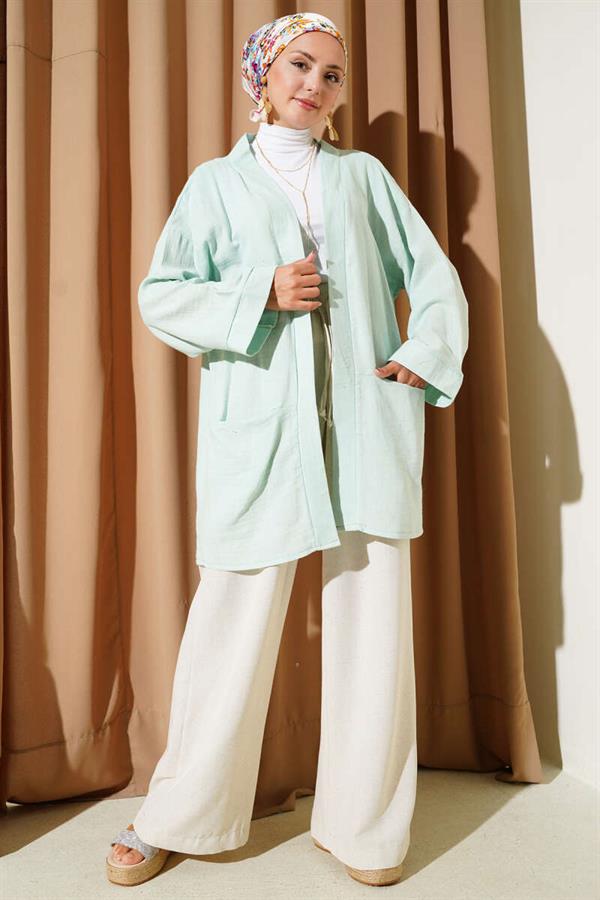 Double Pocket Muslin Cardigan, Almond Green