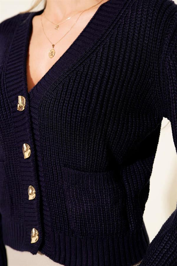 Double Pocket Short Cardigan with Rib Knit Pattern, Navy Blue