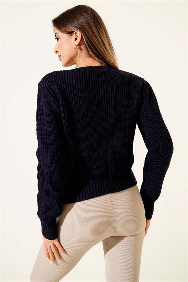 Double Pocket Short Cardigan with Rib Knit Pattern, Navy Blue