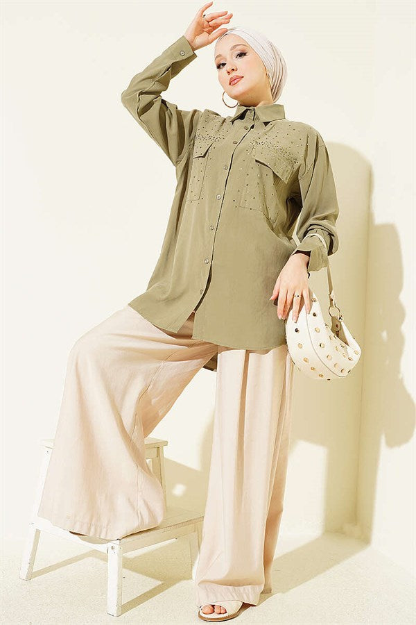 Double Pocket Embellished Tencel Shirt in Khaki