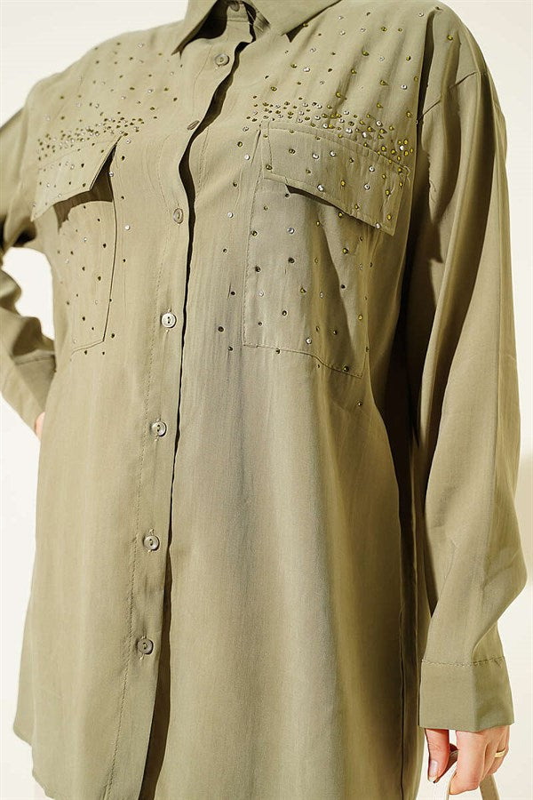 Double Pocket Embellished Tencel Shirt in Khaki