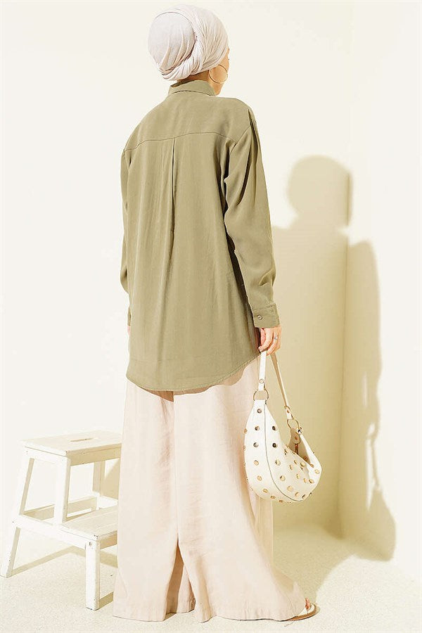 Double Pocket Embellished Tencel Shirt in Khaki