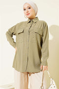Double Pocket Embellished Tencel Shirt in Khaki
