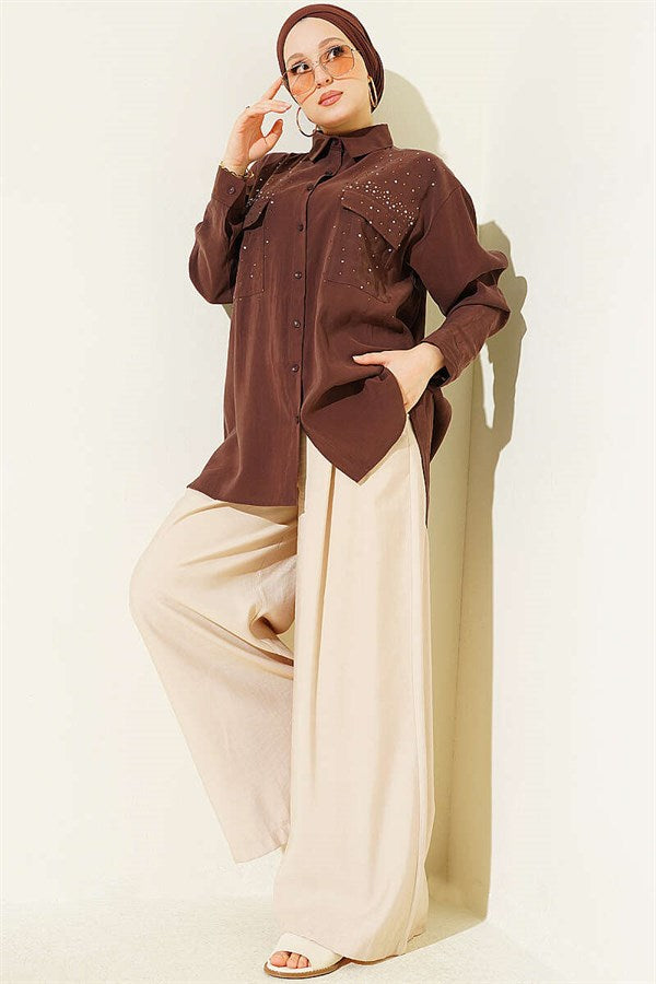 Double Pocket Embellished Tencel Shirt, Brown
