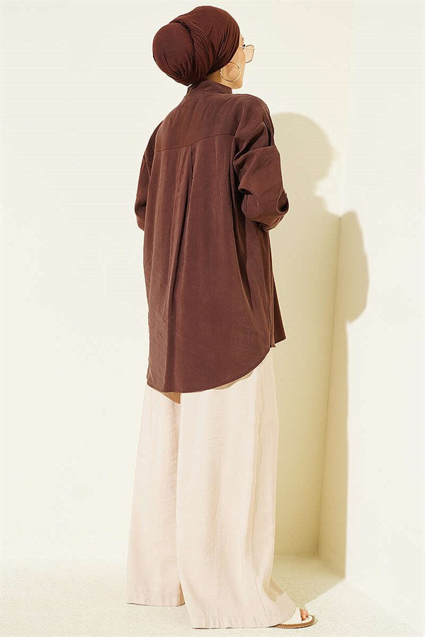 Double Pocket Embellished Tencel Shirt, Brown
