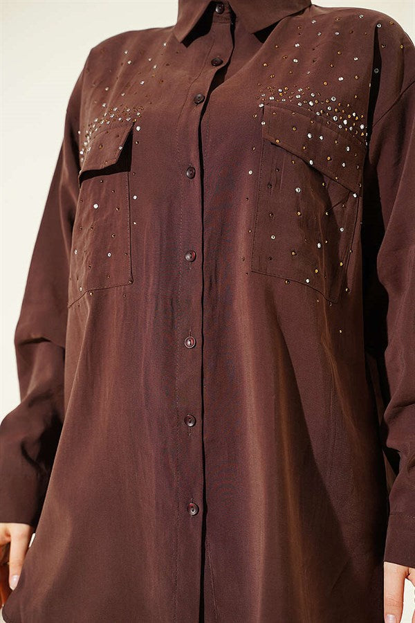Double Pocket Embellished Tencel Shirt, Brown