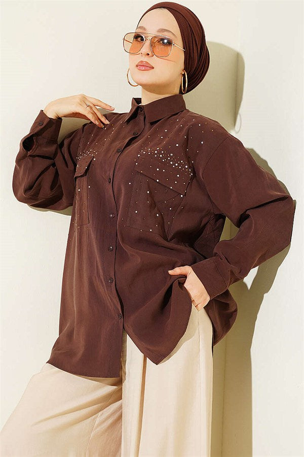Double Pocket Embellished Tencel Shirt, Brown