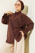 Double Pocket Embellished Tencel Shirt, Brown