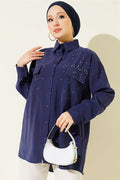 Double Pocket Embellished Tencel Shirt, Navy Blue