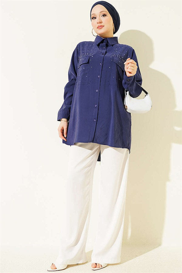 Double Pocket Embellished Tencel Shirt, Navy Blue