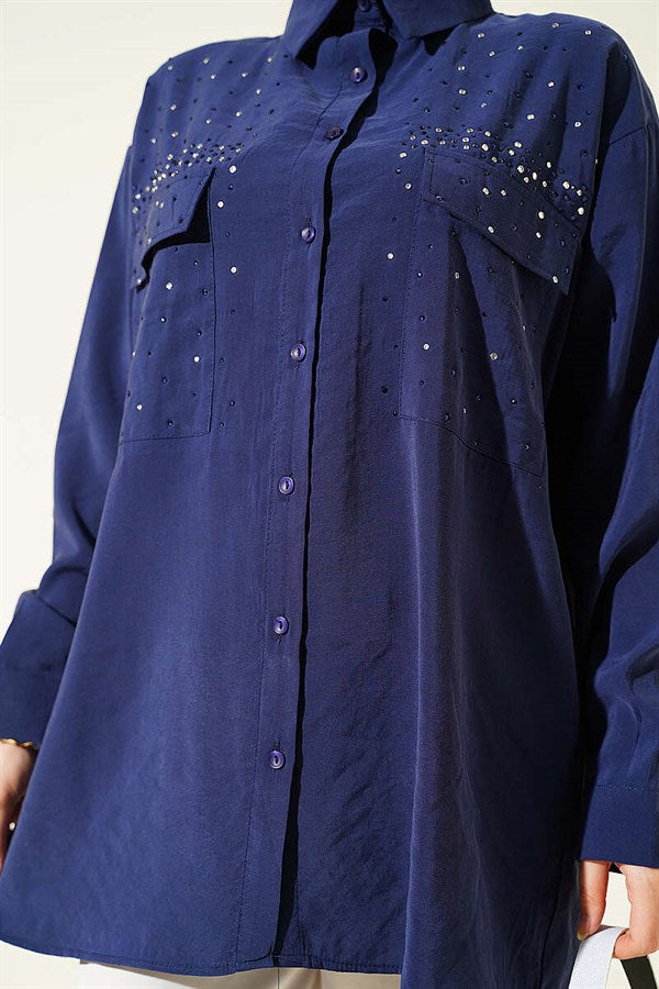 Double Pocket Embellished Tencel Shirt, Navy Blue