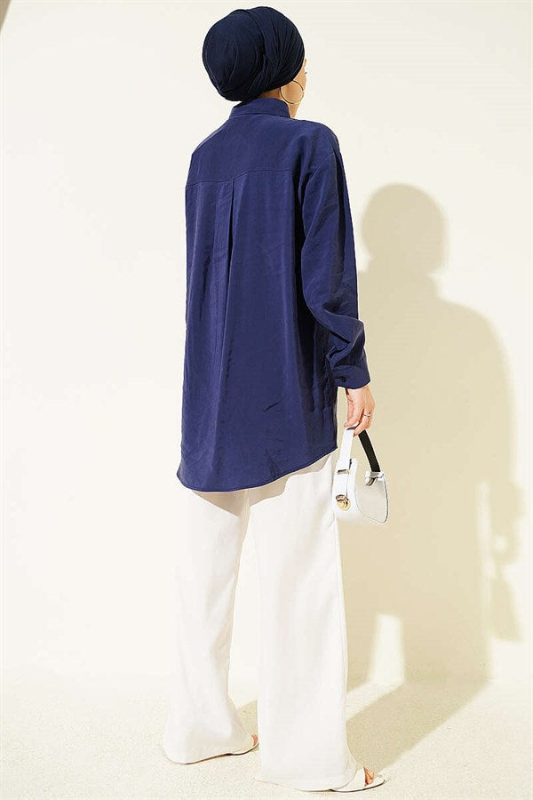 Double Pocket Embellished Tencel Shirt, Navy Blue