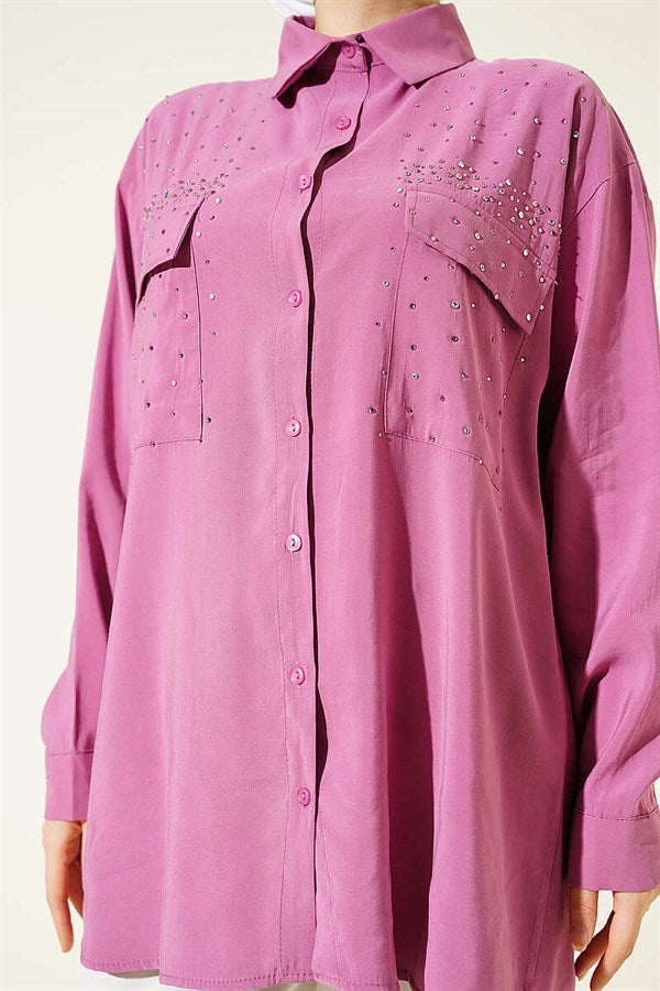 Double Pocket Embellished Tencel Shirt in Magenta