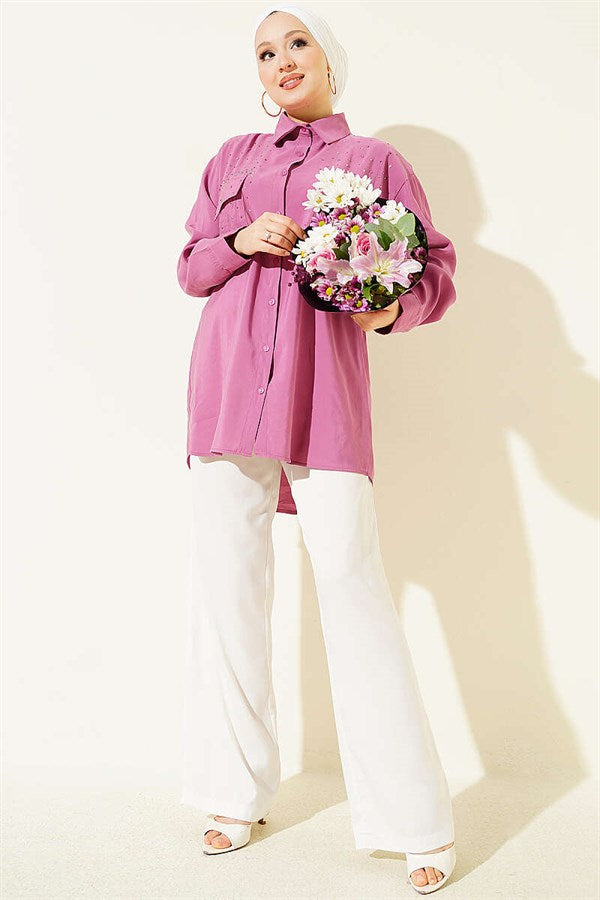 Double Pocket Embellished Tencel Shirt in Magenta